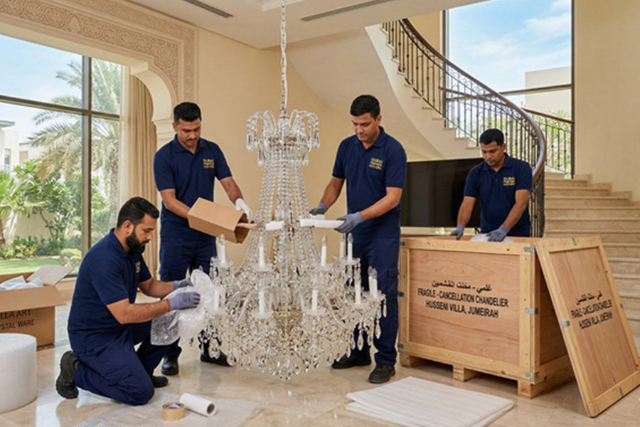 Expert movers packing a fragile chandelier in a Dubai villa